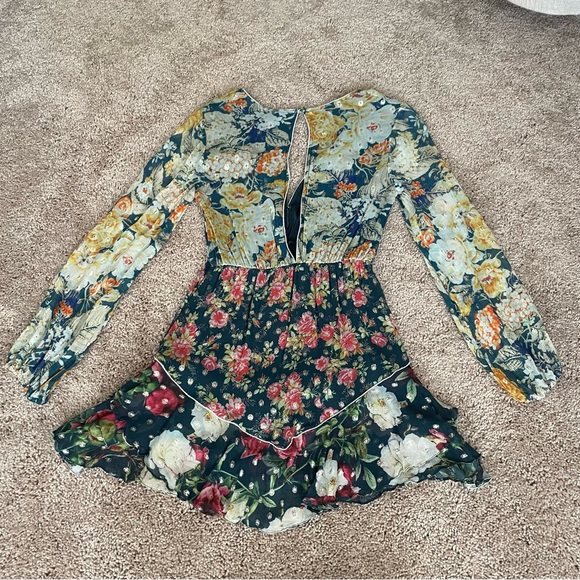 Hemant & Nandita Della Long Sleeve Mini Dress Green Floral Gold Size XS - Picture 9 of 11